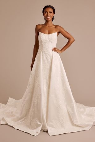 Oleg Cassini Appliqued Satin Wedding Dress with Overskirt